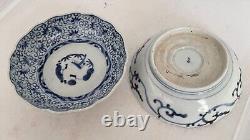 Pair Antique Blue White Early 1800's Chinese or Japanese Scalloped Bowls Signed