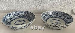 Pair Antique Blue White Early 1800's Chinese or Japanese Scalloped Bowls Signed