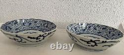 Pair Antique Blue White Early 1800's Chinese or Japanese Scalloped Bowls Signed