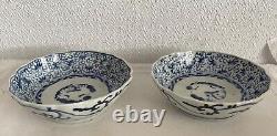 Pair Antique Blue White Early 1800's Chinese or Japanese Scalloped Bowls Signed