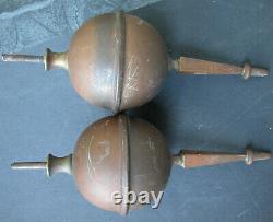 Pair Antique Brass Grandfather Clock Finial 5 Signed ENGLAND Ball Spire