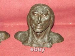 Pair Antique Bronze Indian Chief Bookends signed West Sculpture American