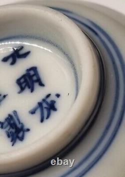 Pair Antique Chinese 19th Century Qing Buddhist Porcelain Blue & White Cups