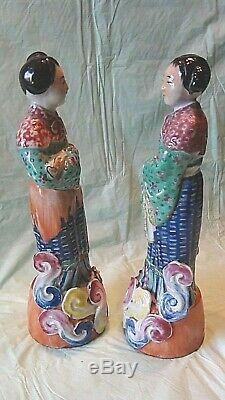 Pair Antique Chinese Export Porcelain Glazed Young Women Figures Marked