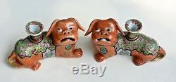 Pair Antique Chinese Export Rose Famille Foo Dog Temple Lion Joss Stick Holder