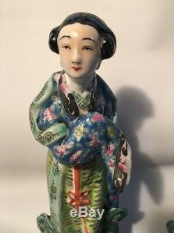 Pair Antique Chinese Famille Rose Porcelain Figurines Signed Marked