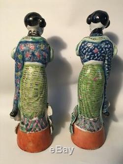 Pair Antique Chinese Famille Rose Porcelain Figurines Signed Marked