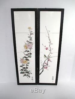 Pair Antique Chinese Framed Tiles Signed Bird & Floral Scene