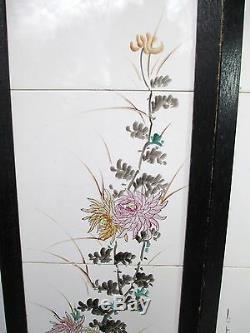 Pair Antique Chinese Framed Tiles Signed Bird & Floral Scene
