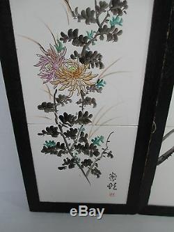 Pair Antique Chinese Framed Tiles Signed Bird & Floral Scene