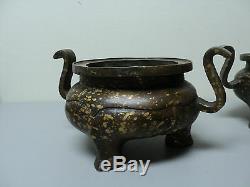 Pair Antique Chinese Gold-splashed Bronze Censers, Signed On Feet