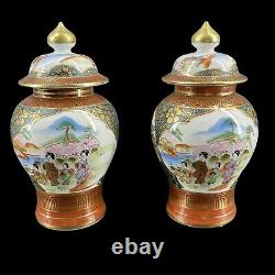 Pair Antique Chinese Japanese HandPainted Scene Ginger Jars Red Mark Signed 6.5