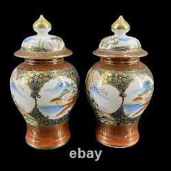 Pair Antique Chinese Japanese HandPainted Scene Ginger Jars Red Mark Signed 6.5