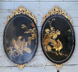 Pair Antique Chinese Lacquer Panels Bird Plaques Eagle/Hawk Rooster Paintings