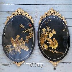 Pair Antique Chinese Lacquer Panels Bird Plaques Eagle/Hawk Rooster Paintings