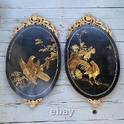 Pair Antique Chinese Lacquer Panels Bird Plaques Eagle/Hawk Rooster Paintings