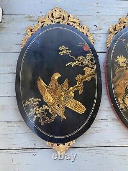 Pair Antique Chinese Lacquer Panels Bird Plaques Eagle/Hawk Rooster Paintings