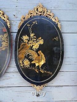 Pair Antique Chinese Lacquer Panels Bird Plaques Eagle/Hawk Rooster Paintings