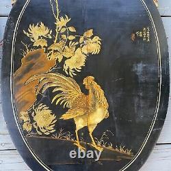 Pair Antique Chinese Lacquer Panels Bird Plaques Eagle/Hawk Rooster Paintings