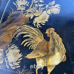 Pair Antique Chinese Lacquer Panels Bird Plaques Eagle/Hawk Rooster Paintings