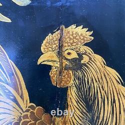 Pair Antique Chinese Lacquer Panels Bird Plaques Eagle/Hawk Rooster Paintings