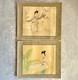 Pair Antique Chinese Paintings Watercolour On Silk Geishas Artist Signed Dated