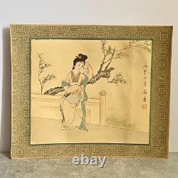 Pair Antique Chinese Paintings Watercolour on Silk Geishas Artist Signed Dated
