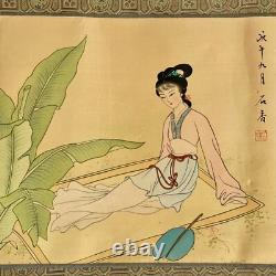 Pair Antique Chinese Paintings Watercolour on Silk Geishas Artist Signed Dated