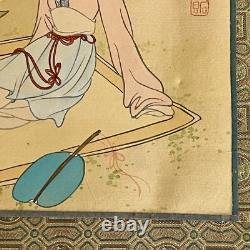Pair Antique Chinese Paintings Watercolour on Silk Geishas Artist Signed Dated