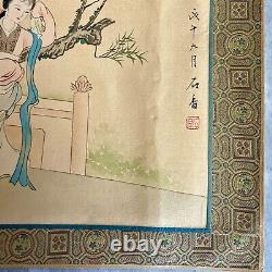 Pair Antique Chinese Paintings Watercolour on Silk Geishas Artist Signed Dated
