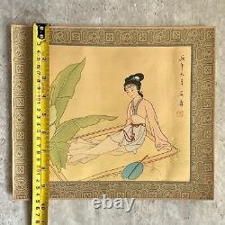 Pair Antique Chinese Paintings Watercolour on Silk Geishas Artist Signed Dated