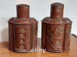 Pair Antique Chinese Pewter Tea Caddies Gilt Decoration Signed on Base