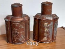 Pair Antique Chinese Pewter Tea Caddies Gilt Decoration Signed on Base