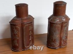 Pair Antique Chinese Pewter Tea Caddies Gilt Decoration Signed on Base