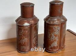 Pair Antique Chinese Pewter Tea Caddies Gilt Decoration Signed on Base