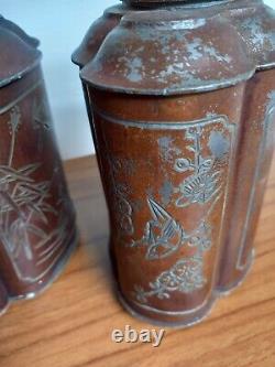 Pair Antique Chinese Pewter Tea Caddies Gilt Decoration Signed on Base