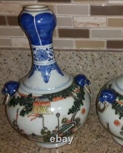 Pair Antique Chinese Signed Kangxi Famille Verte Garlic Shaped Porcelain Vases