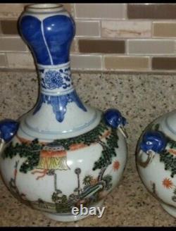 Pair Antique Chinese Signed Kangxi Famille Verte Garlic Shaped Porcelain Vases