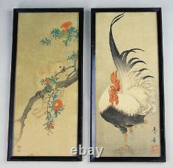 Pair Antique Chinese Signed Woodblock of Cockerel & Cockatoo Nakagawa Shurei