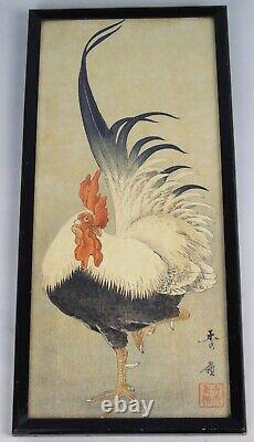 Pair Antique Chinese Signed Woodblock of Cockerel & Cockatoo Nakagawa Shurei