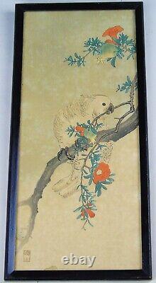 Pair Antique Chinese Signed Woodblock of Cockerel & Cockatoo Nakagawa Shurei