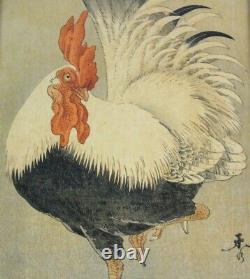 Pair Antique Chinese Signed Woodblock of Cockerel & Cockatoo Nakagawa Shurei