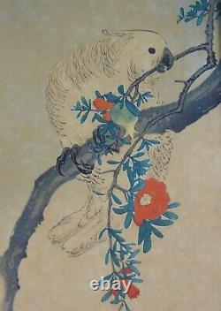 Pair Antique Chinese Signed Woodblock of Cockerel & Cockatoo Nakagawa Shurei