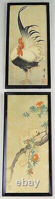 Pair Antique Chinese Signed Woodblock of Cockerel & Cockatoo Nakagawa Shurei