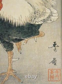 Pair Antique Chinese Signed Woodblock of Cockerel & Cockatoo Nakagawa Shurei