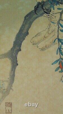 Pair Antique Chinese Signed Woodblock of Cockerel & Cockatoo Nakagawa Shurei