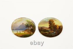 Pair Antique Continental Miniature Reverse Glass Paintings 19th C