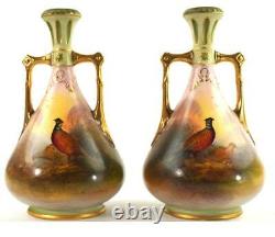 Pair Antique Crown Devon Pottery Vases Hand Painted With Pheasants Signed