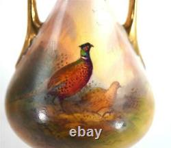 Pair Antique Crown Devon Pottery Vases Hand Painted With Pheasants Signed