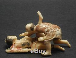 Pair Antique Erotic Signed Japanese Carved Netsuke Geisha Man Sexual 60mm